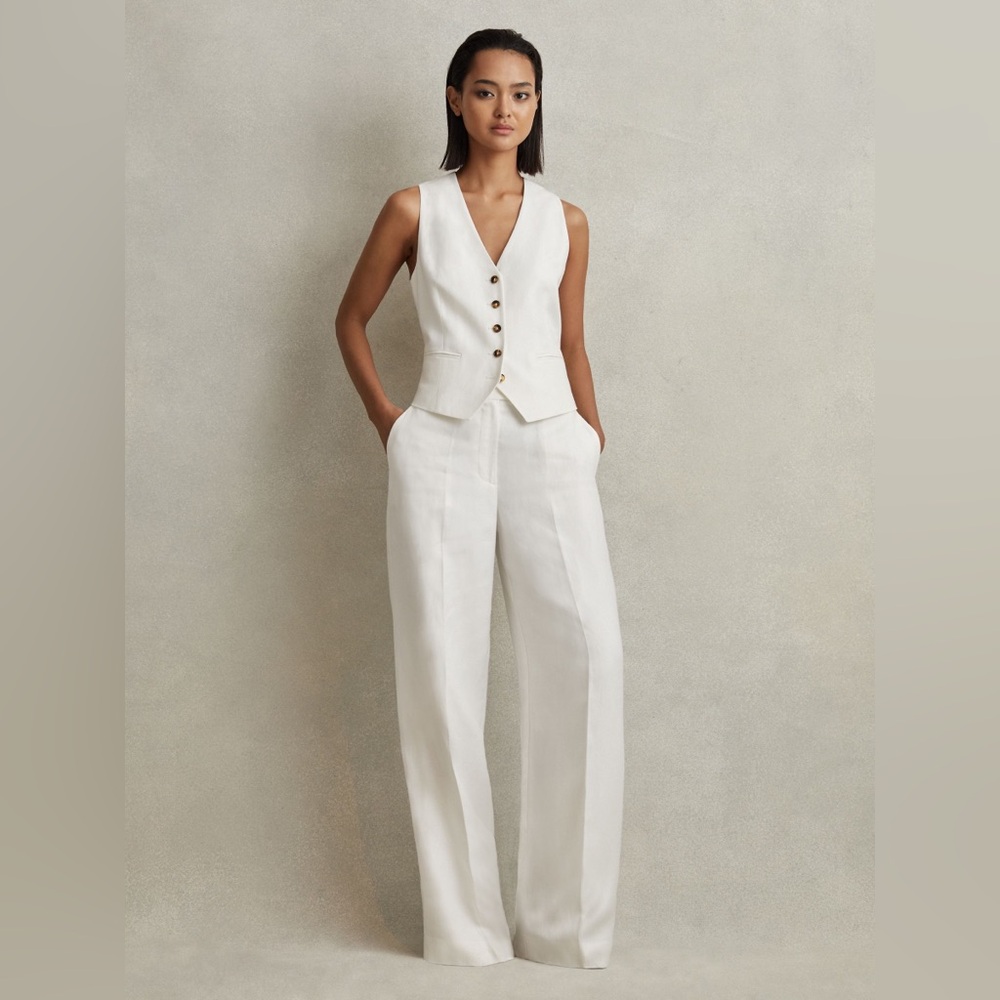 Reiss Lori Viscose-Linen Wide Leg Suit Trousers in White